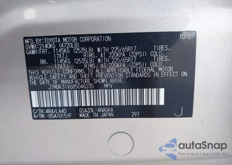 2008 Toyota Rav4 Limited V6 z USA, uszkodzony, nr VIN JTMBK31V685046235